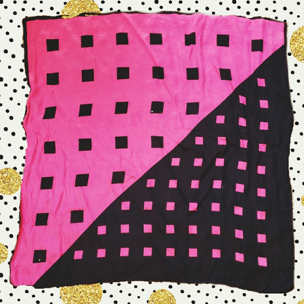 Vintage Fushia Pink Black Silky Scarf Neckerchief